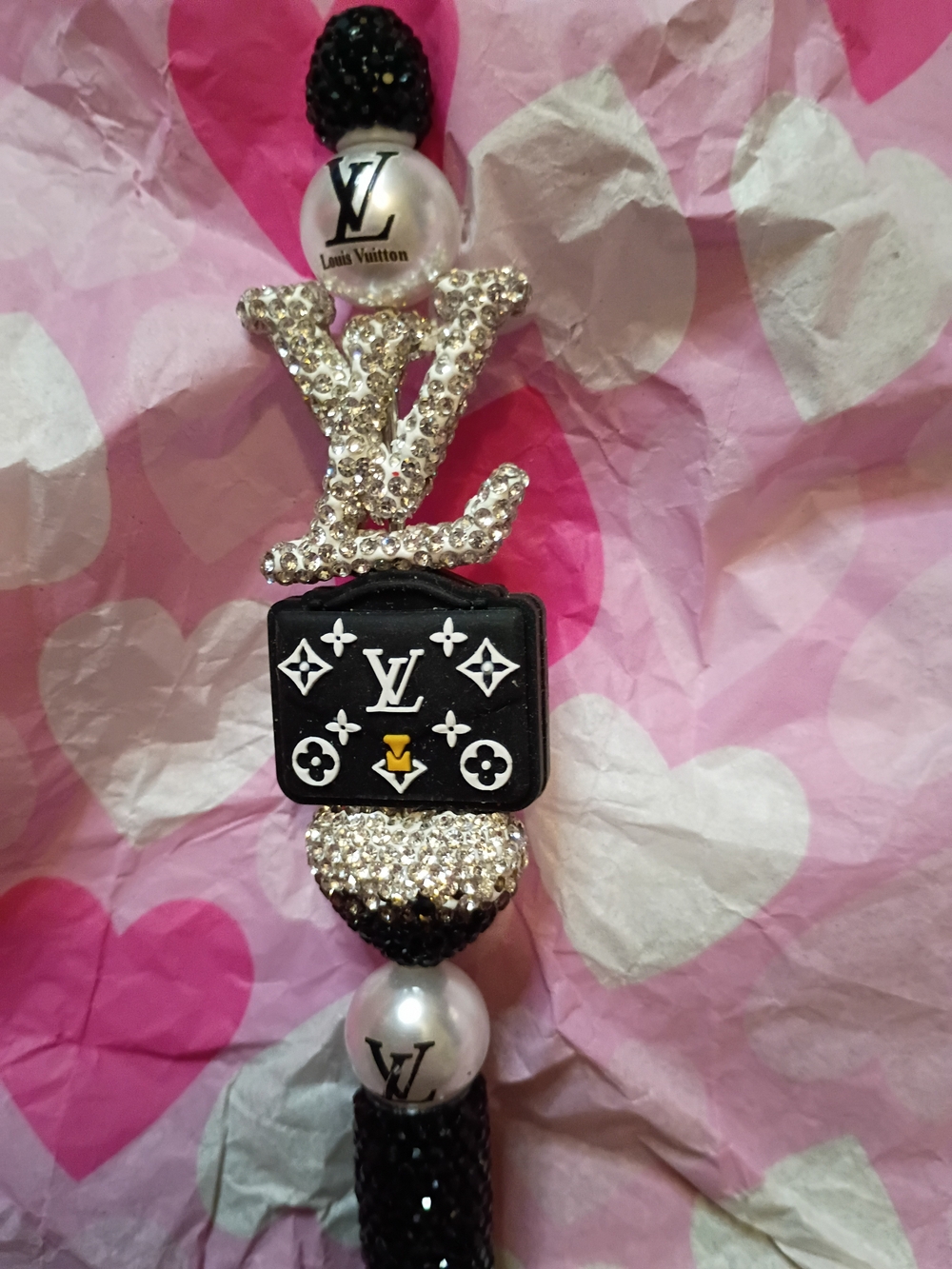 Black and Crystal Logo Charm Beaded Pen Accessory